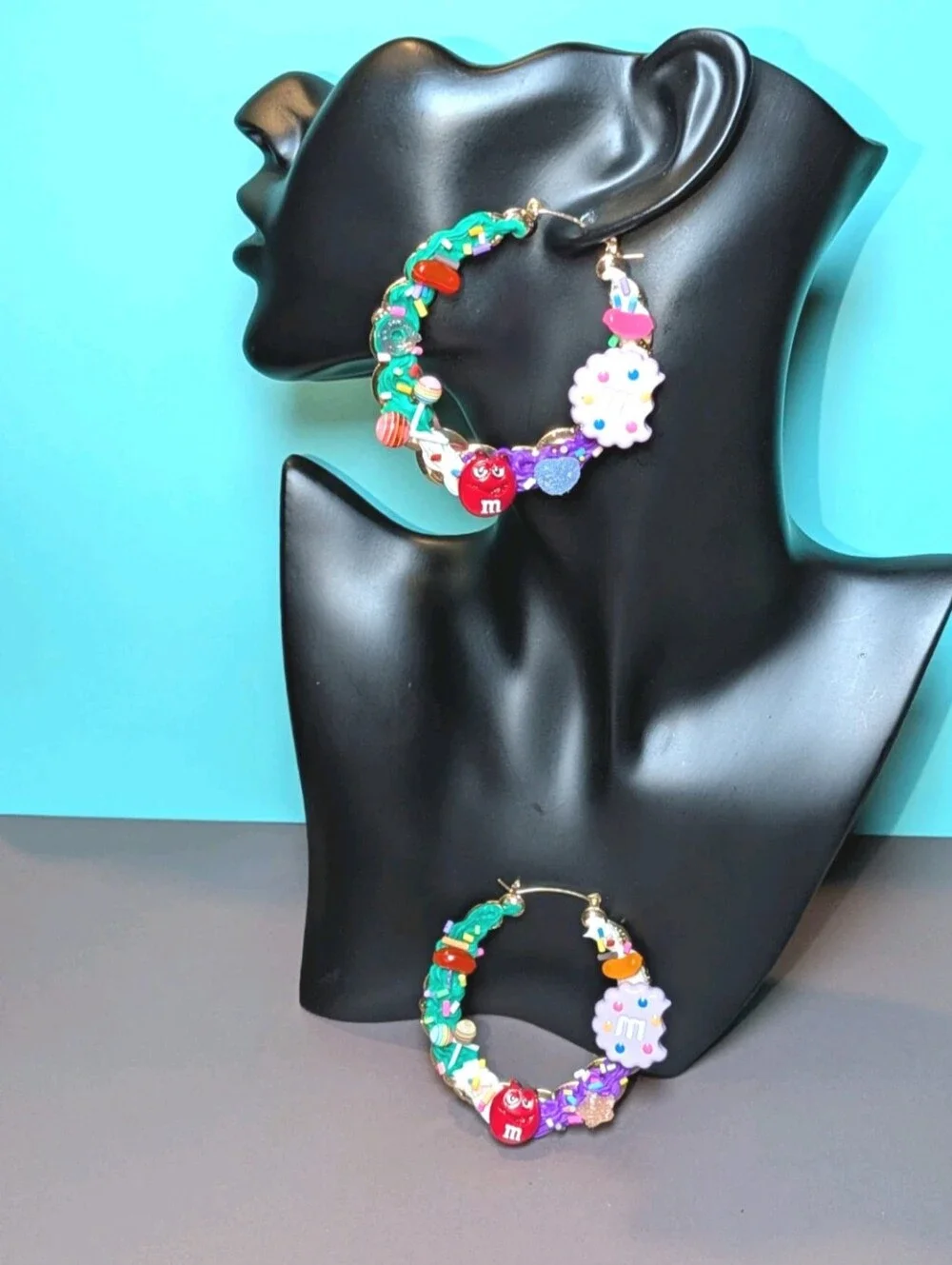 Hand Crafted Decoden Multicolor Candy Hoop Earrings -Green & Purple & Red & Pink